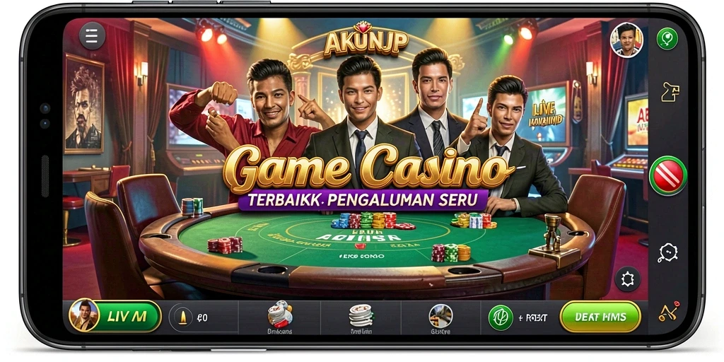 Tangkapan layar utama AKUNJP menampilkan dealer profesional dan suasana kasino yang dinamis.