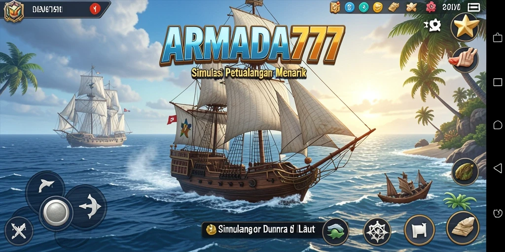 Tampilan gameplay menarik dari ARMADA777 yang menunjukkan aksi berlayar di lautan.