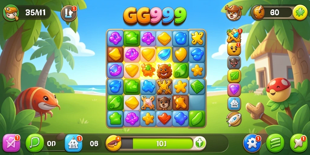Screenshot GG999 menunjukkan gameplay seru Match-3 yang penuh warna.