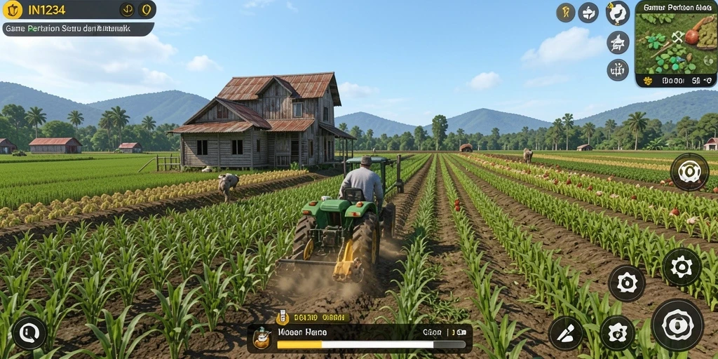 Screenshot gameplay menampilkan pemandangan ladang hijau IN1234.