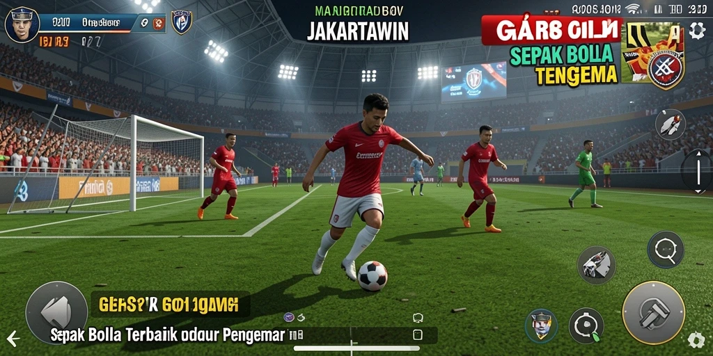 Tampilan gameplay seru JAKARTAWIN dengan aksi sepak bola yang mendebarkan.