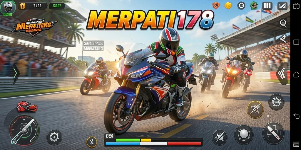 Tampilan gameplay menegangkan di MERPATI178 saat balapan motor.