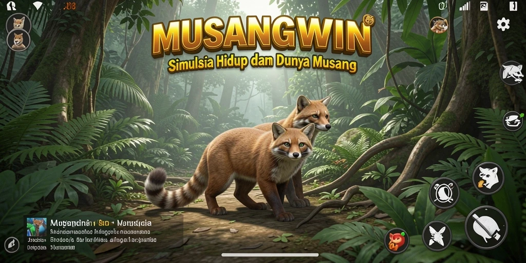 Tangkapan layar gameplay MUSANGWIN dengan interaksi musang yang menyenangkan.