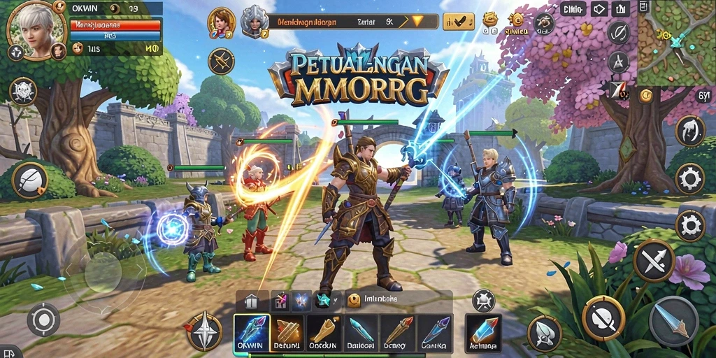 Tangkapan layar OKWIN menampilkan pertempuran epik antar karakter MMORPG.