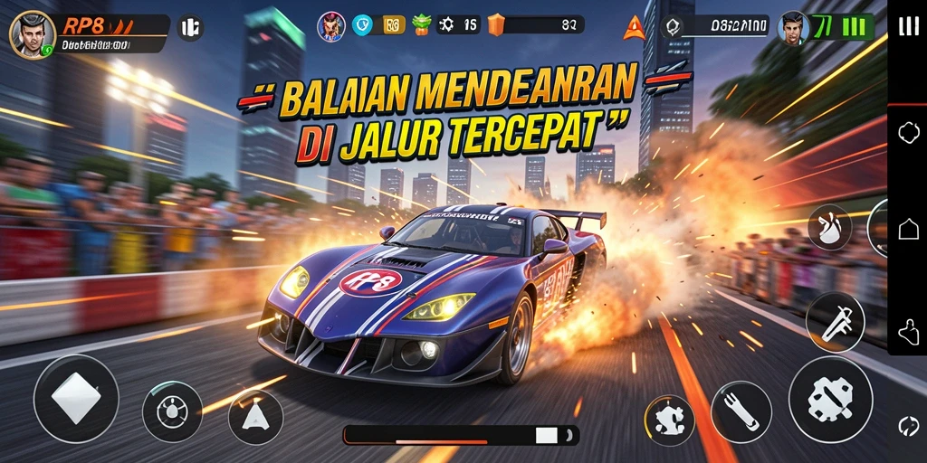 Screenshot gameplay RP8 yang menunjukkan aksi balapan mendebarkan.