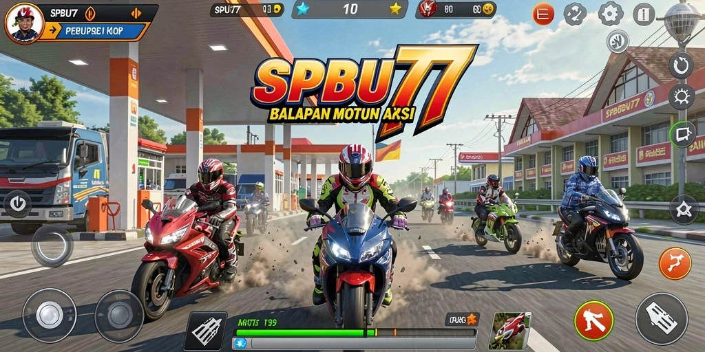 Tampilan gameplay seru SPBU77 di lintasan balapan