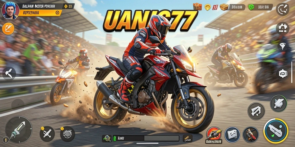Tampilan gameplay mendebarkan di UANG77 dengan aksi balapan motor.
