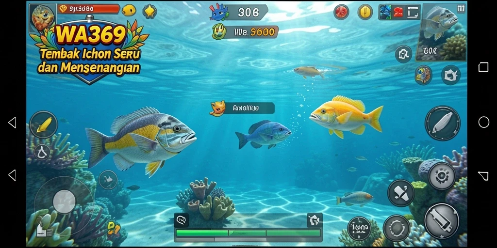 Screenshot utama WA369 menampilkan aksi seru menangkap ikan.